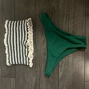 Tube top bathing suit top with matching bottom.